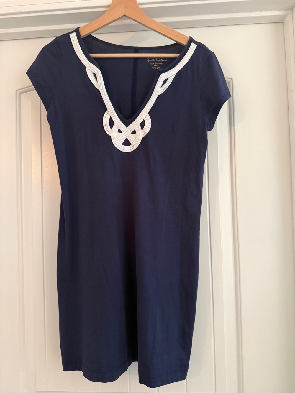 Lilly Pulitzer Navy Knit Cap-Sleeve Top with White Braided V-Neck